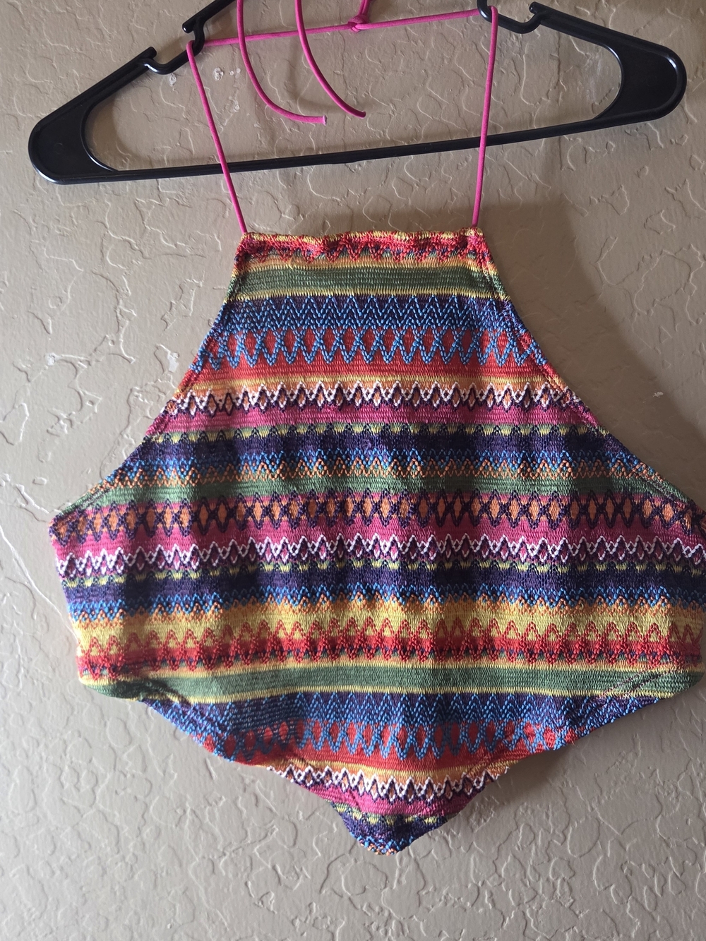 SHEIN Multicolor Striped Halter Crop Top with Pink Straps